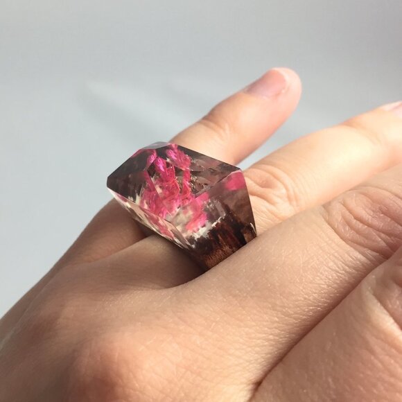 Jewelry ring statement wood wooden pink flower nature size 7 fashion new - Picture 3 of 7